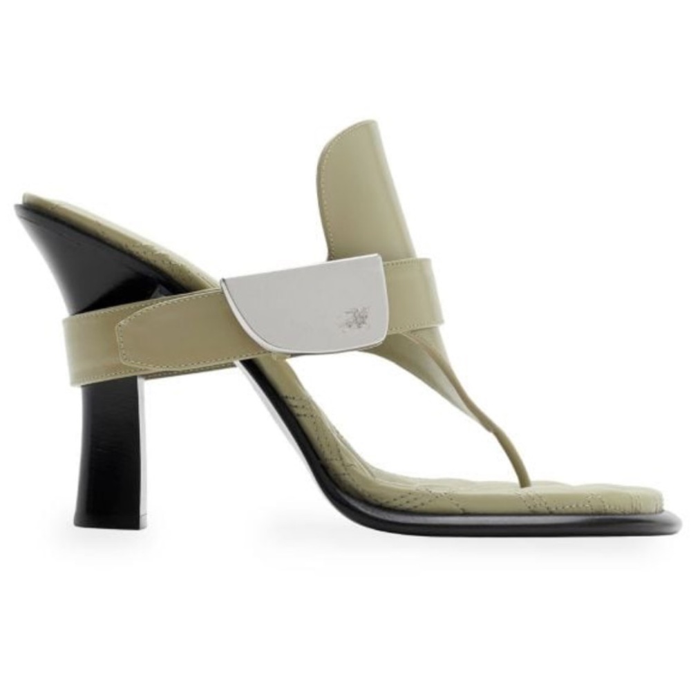Burberry Bay 100MM Leather Sandals Laurel Tan Silver Women’s EU 36.5/US 6.5